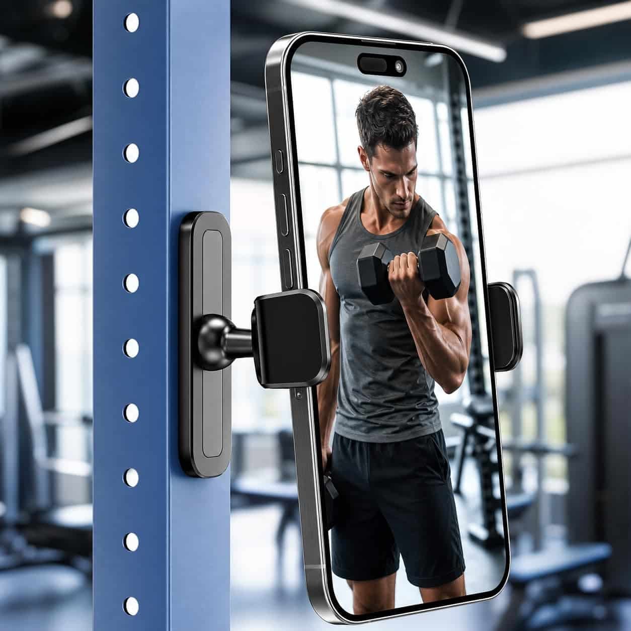 BIJASANI Gym Phone Holder Magnetic Clip Grip Mount, Heavy Duty Military Grade Super Strong N55 Magnet Base, Compatible with iPhone and Android Smartphones, Fits Squat Rack, Treadmill and Cable Machine