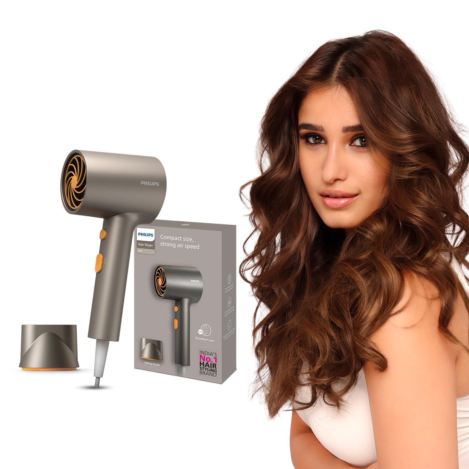 Philips India’s No.1 Hair Styling Brand – Glass like Shine Hair Dryer | 1600W | 4 Heat x Speed Modes | 30M Negative ions | Travel-Friendly | For Indian Hair | Gifts for Men | BHD321
