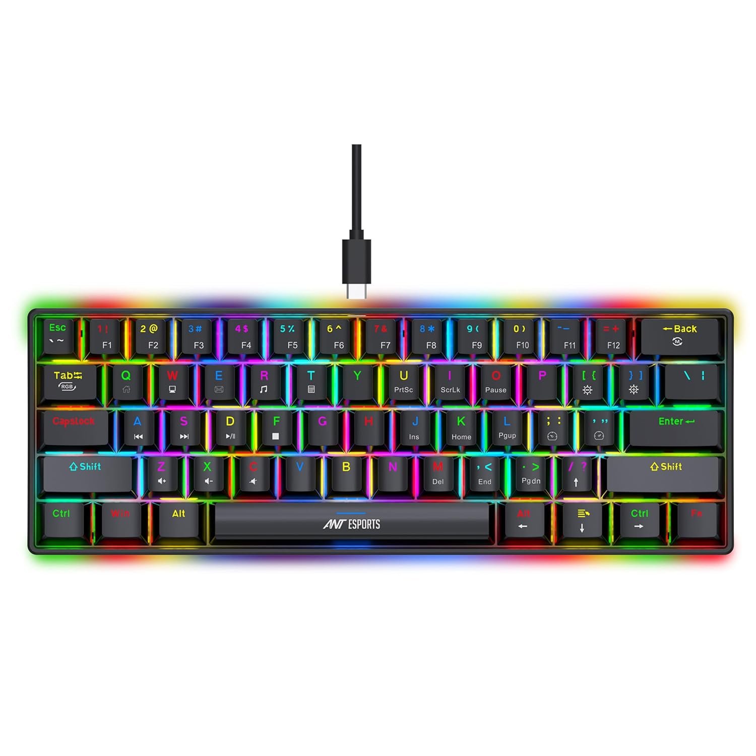 Ant Esports MK1300 V2 60% Wired Mechanical Gaming Keyboard, 61 Keys Compact Mini Software Controlled, RGB Backlit,Hot-Swappable Red Switches, Detachable USB-C, Anti-Ghosting, PC/Mac Compatible – Black