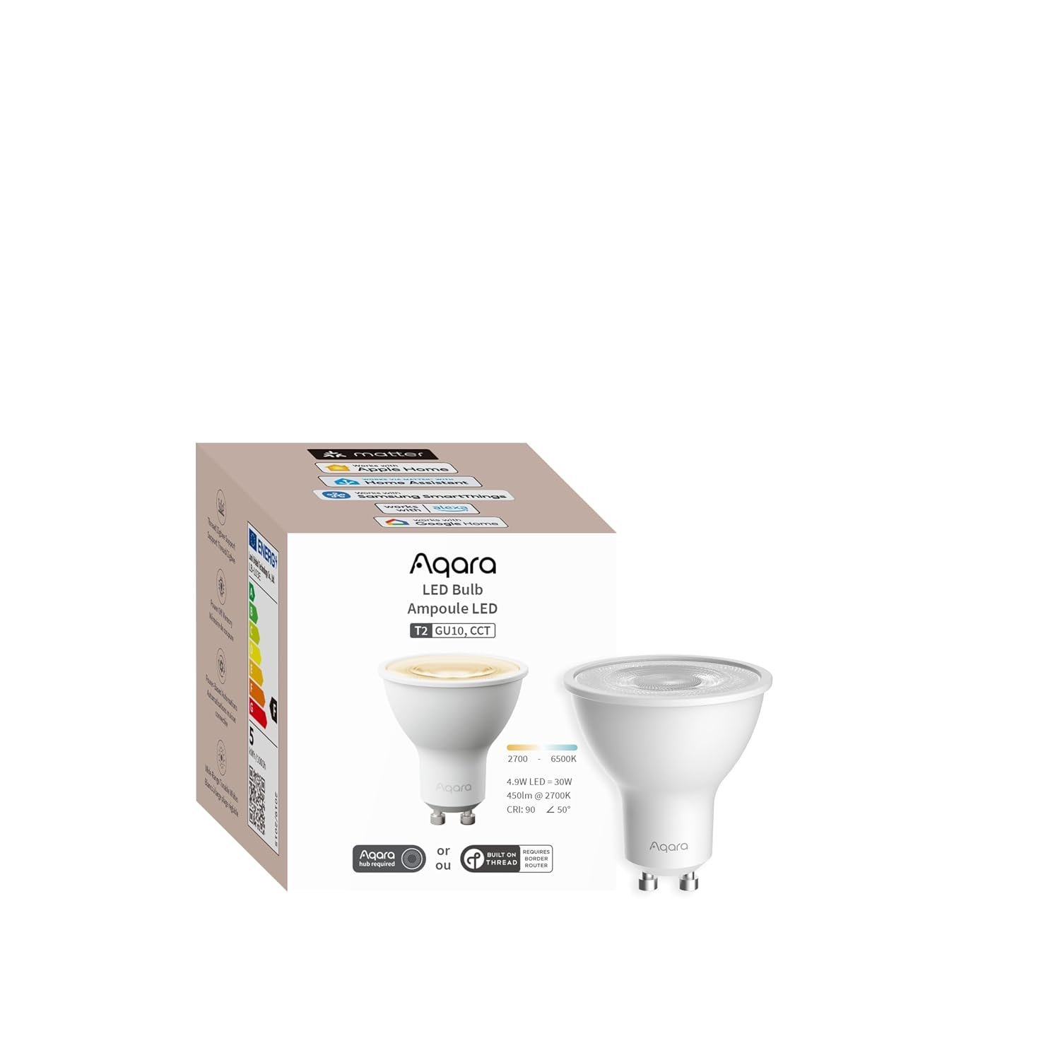 Aqara Smart LED Light Bulb T2 GU10, Tunable White (2700K–6500K), 75W Equivalent, Thread & Zigbee, Matter, Works with Apple HomeKit, Alexa, Google – Hub or Thread Router Required