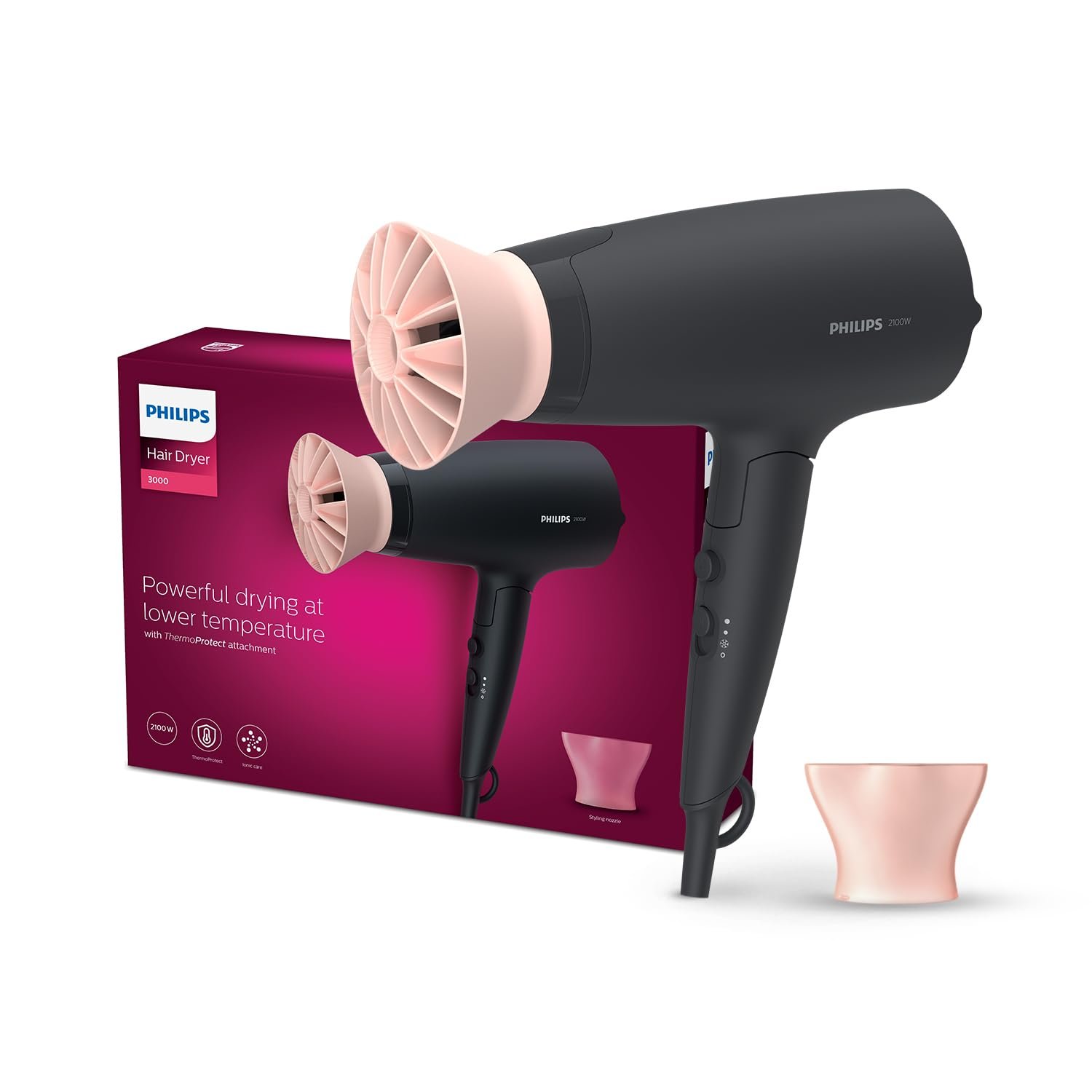 Philips India’s No.1 Hair Styling Brand – Foldable Hair Dryer 2100W, 6 HeatxSpeed Settings Cool Shot Advanced Ionic Care Frizz-Free Shine, ThermoProtect Airflower Attachment, For Indian Hair, BHD356