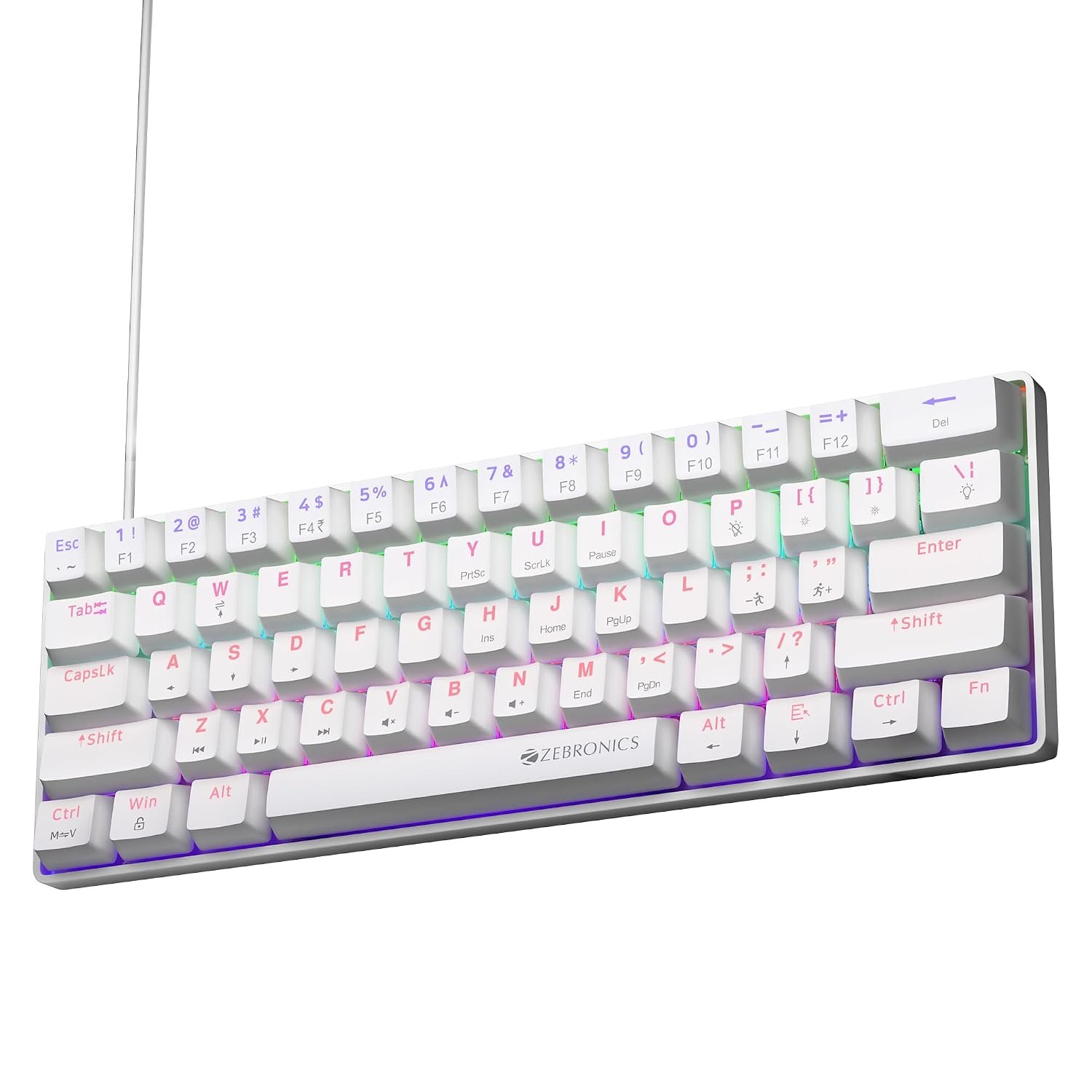 Zebronics Mechanical Keyboard, Silent Linear Red Switches, 61 Keys Layout, 26 Key Anti Ghosting, Double Shot Keycaps, 17 LED Modes, Media Controls, 1.5m Cable (Max Ninja 61, White)