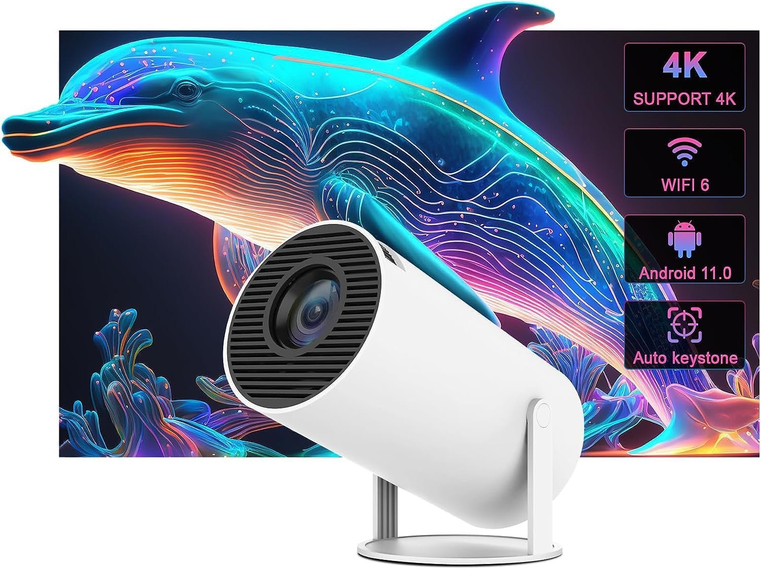 BIGASUO Andriod 5G WiFi Projector Home 4K Support 1080P Smartphone Full HD Portable Builtin YouTube Other Apps Auto Keystone 4000 Lumens 200 Screen Compatible 4K TV Stick (BG27) White
