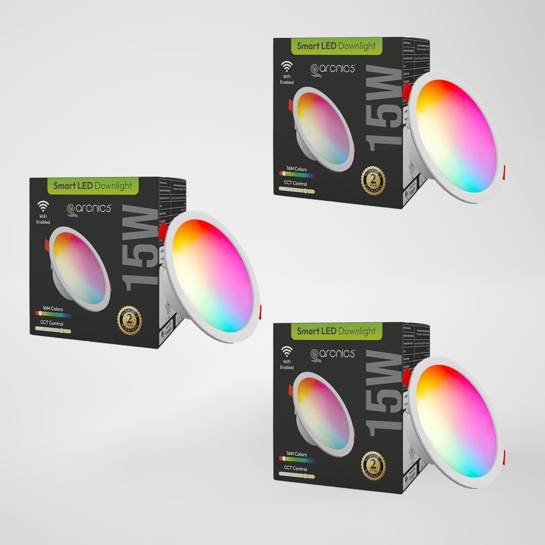 15W Premium Smart Wi-Fi LED E27 False Ceiling Light, Smart Downlight, CCT + RGB – 16M Colours – Compatible With Alexa, Google Assistant, Smart Life + 2 Years Warranty (White) (Pack Of 3)