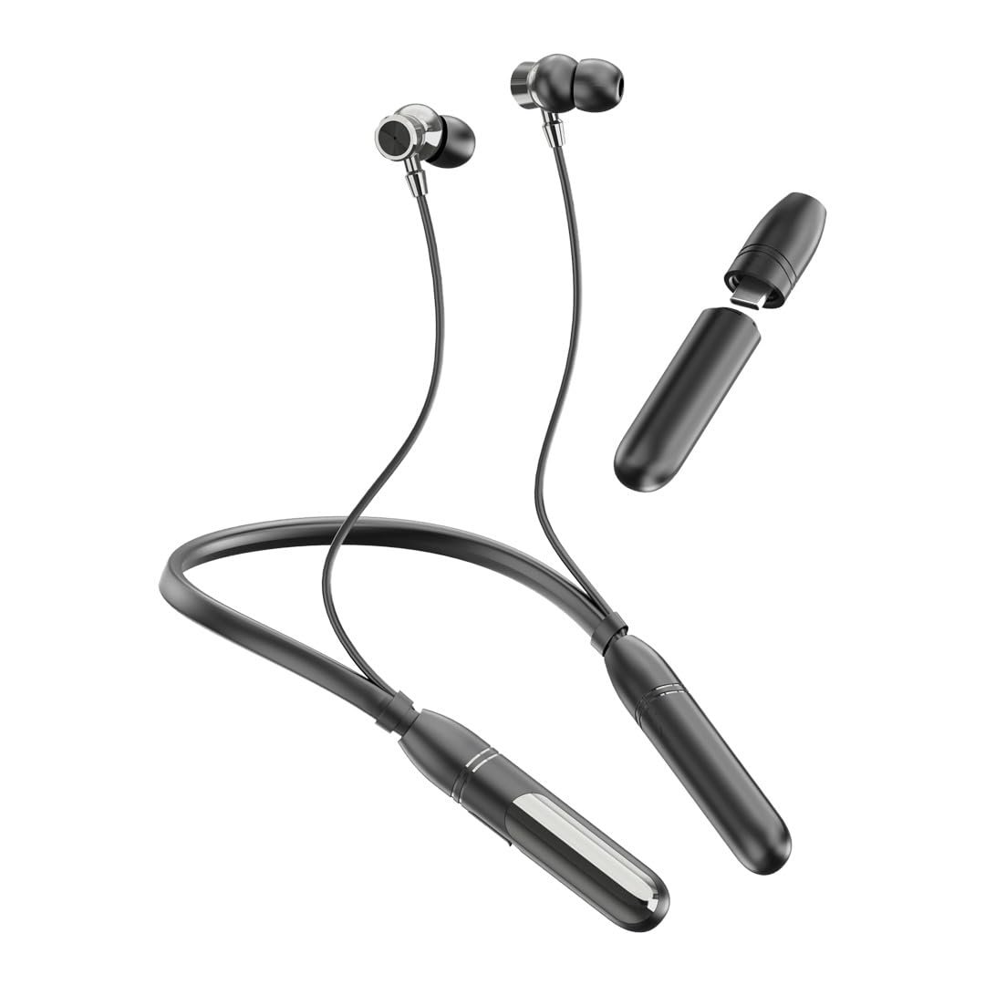 Bluetooth Neckband Earphones with Magnetic On/Off, Dual Battery, 36 Hours Playback, HD Sound, Deep Bass, Built-in Mic, Fast Charging, Sweat Resistant Wireless Neckband, Black, 1 Pc