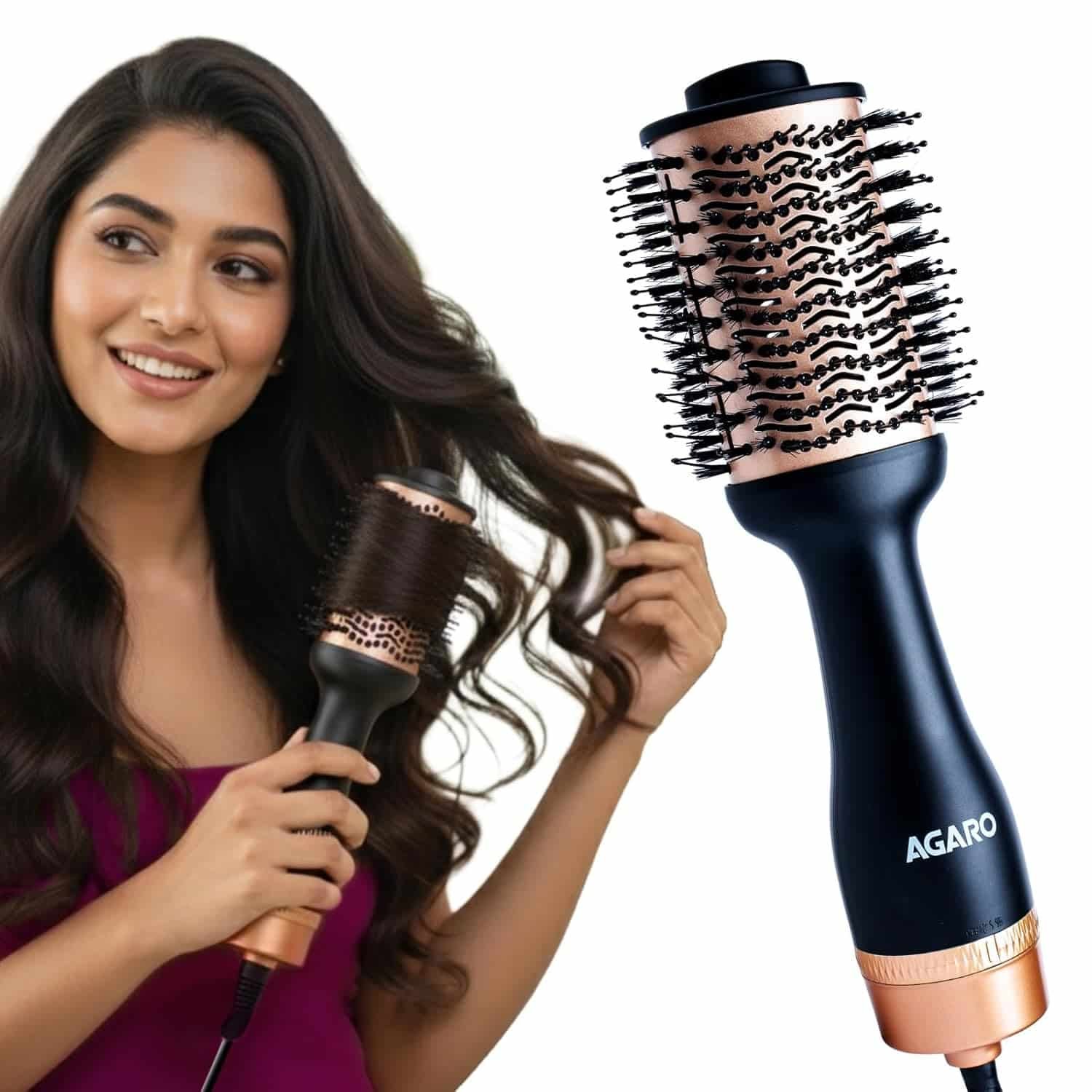 AGARO Hot Air Brush for Hair, Blow Dryer Brush, Volumizer & Styler, 360° Air flow Vent, Oval Barrel for Hair Volume, Charcoal Bristles, Ceramic Coating Brushing Head, 1200W, Gold & Black HV2179