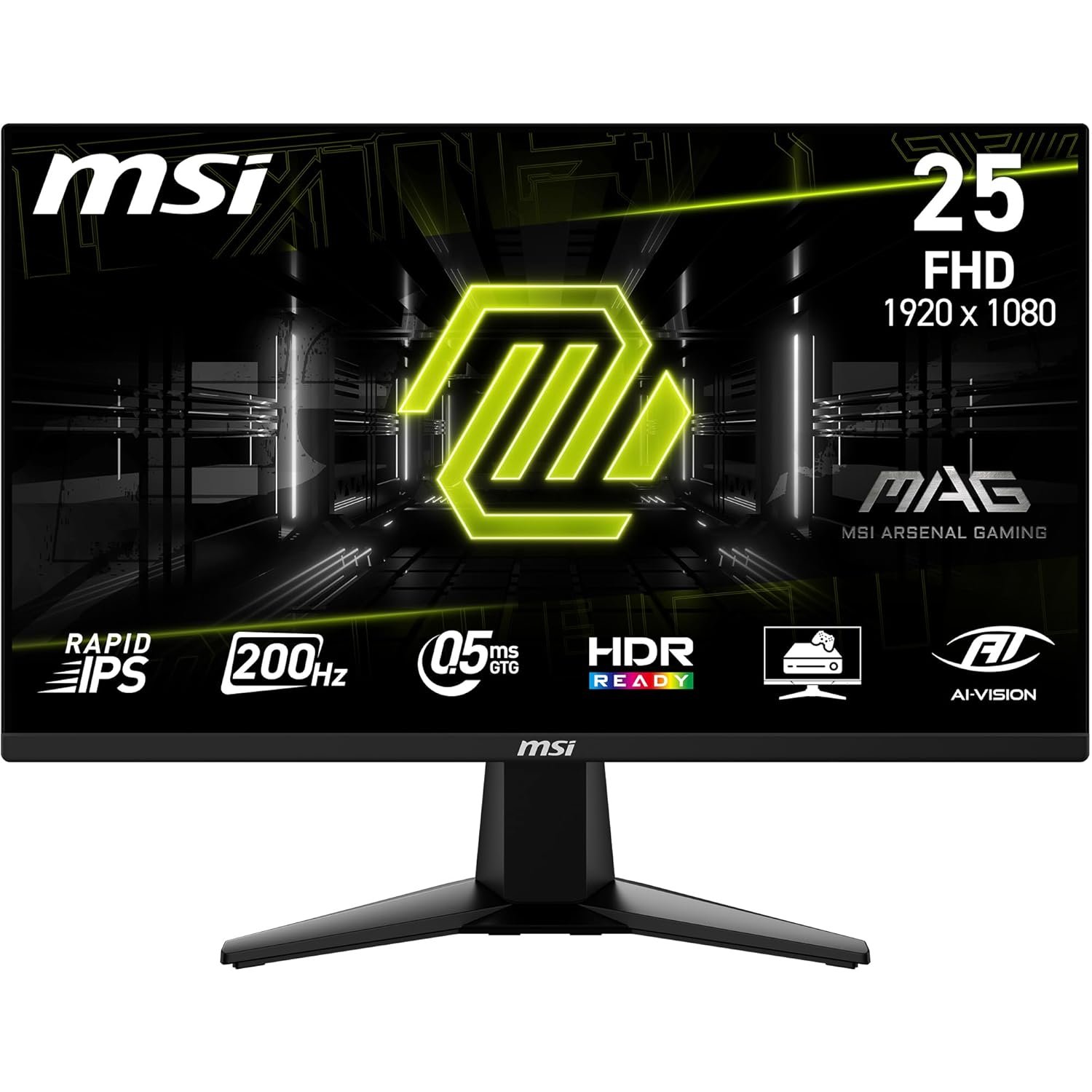 MSI MAG 255F E20 24.5-Inch FHD 1920×1080 Gaming Monitor, 200Hz, 0.5ms, HDR Ready, AMD FreeSync Premium, Eye Care, AI Vision, HDMI 2.0b, DP 1.2a, Frame-Less, Tilt Adjustable, Vesa Mount, Black