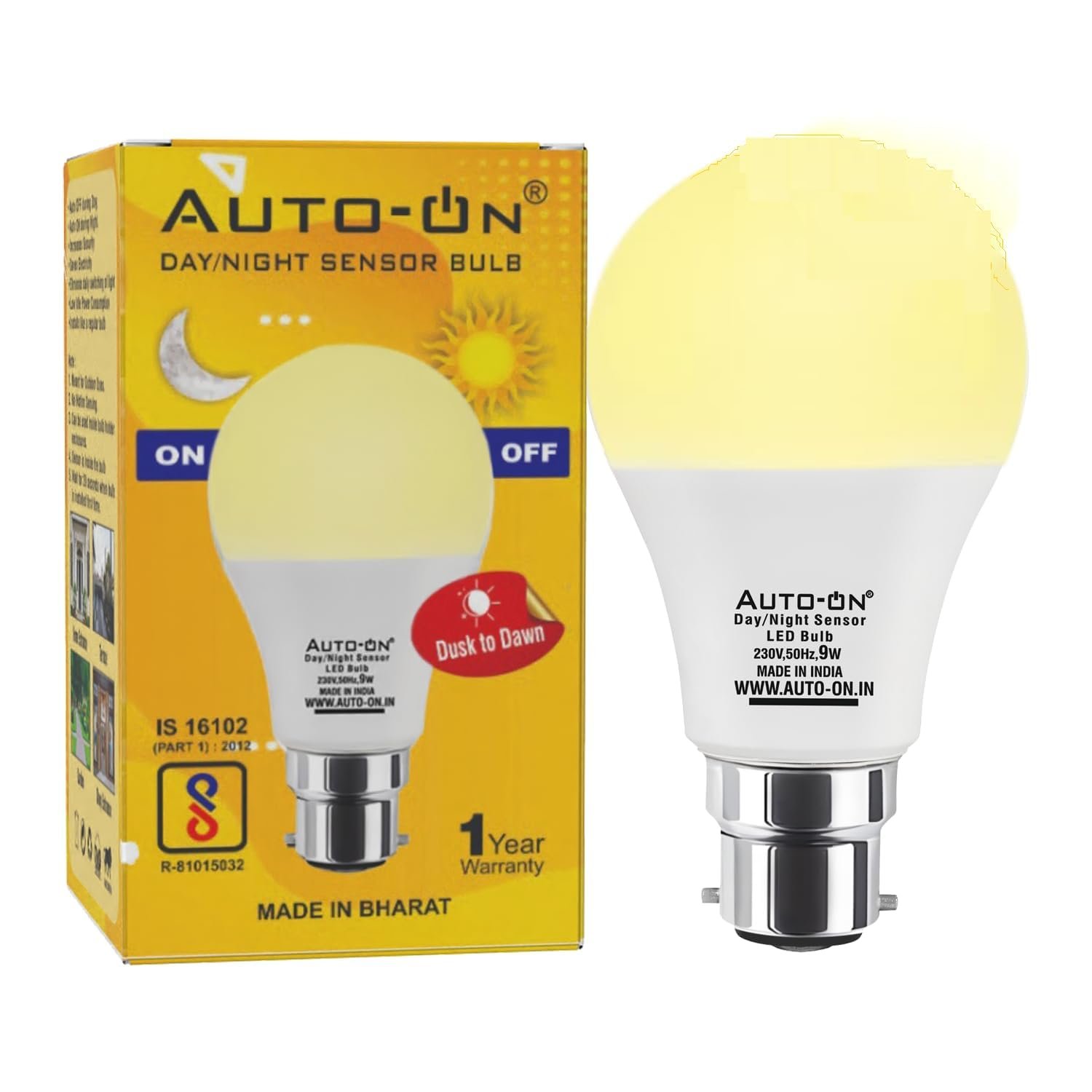Auto-ON Day/Night Sensor 9W Smart LED Bulb,YELLOW LIGHT, Built-in Dusk to Dawn Sensing, 6th Gen Chip Technology, B22 Base, with Surge Protector. Pack Of 1(One Year Warranty)