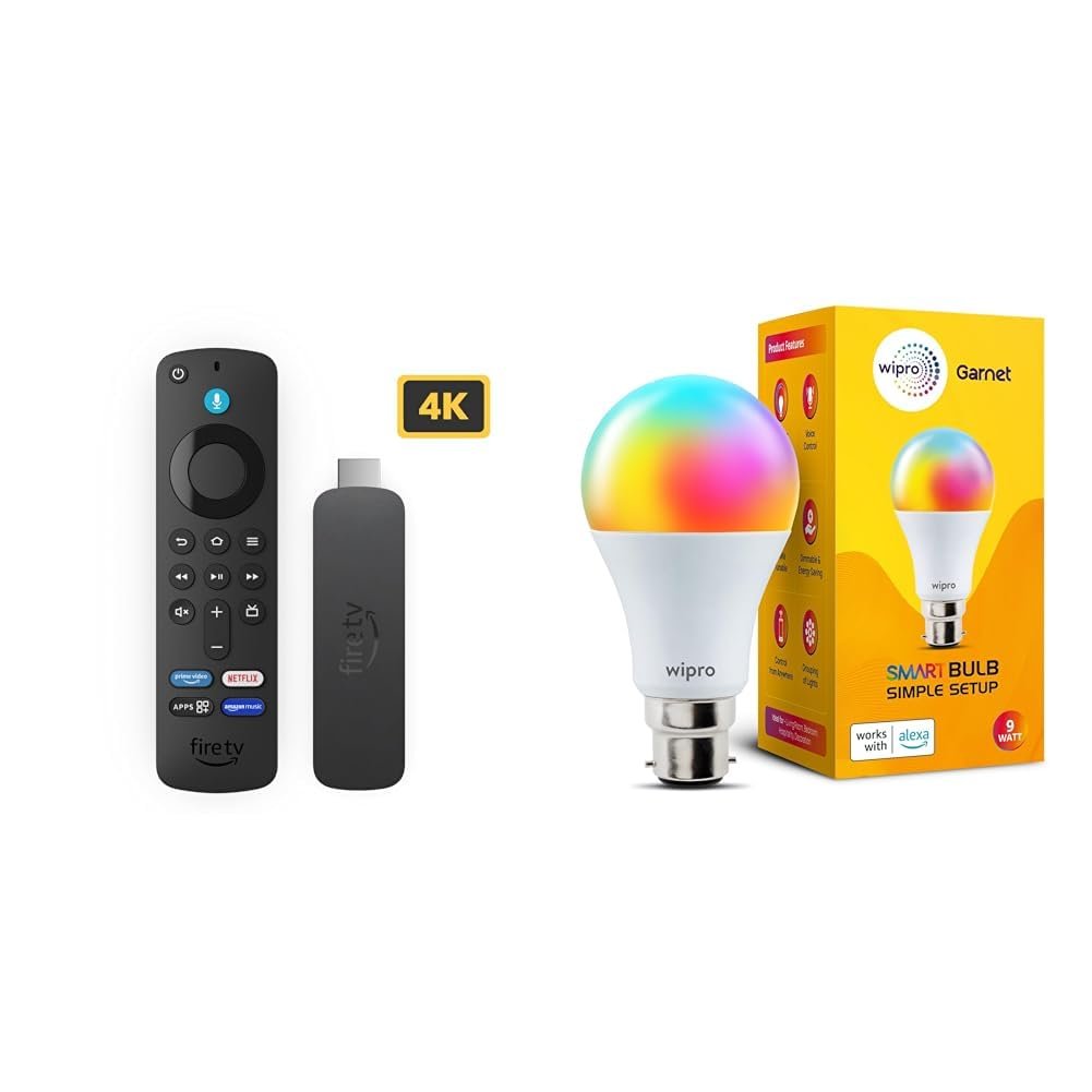 Amazon Fire TV Stick 4K Gift twin pack with Wipro 9W Simple set-up LED Smart Color Bulb