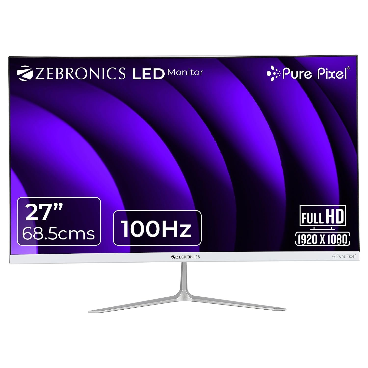 ZEBRONICS 27” (68.5 cm) Bezel-Less LED Monitor, 100Hz Refresh Rate, IPS Display, HDMI, VGA, FHD 1920×1080, 250nits, Built-in Speaker, 16:9 Aspect Ratio, Anti-Glare Screen, 16.7M Colors (SA127, White)