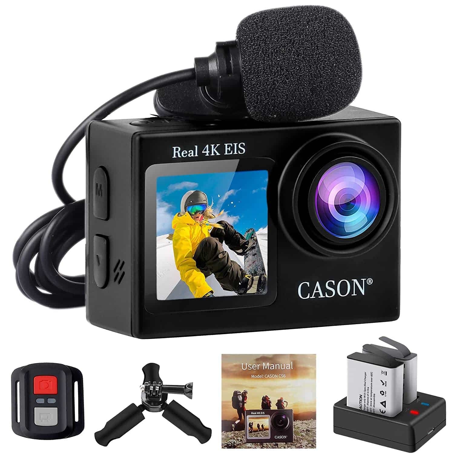 CASON CS6 5k 30Fps Action Camera, 4K Helmet Camera for Bike (Typc C) with EIS+Gyro,Anti Shake for Bike Helmet Camera, Touch Screen, 2 x 1350 mAh Battery and Many Extra Accessories (Black)