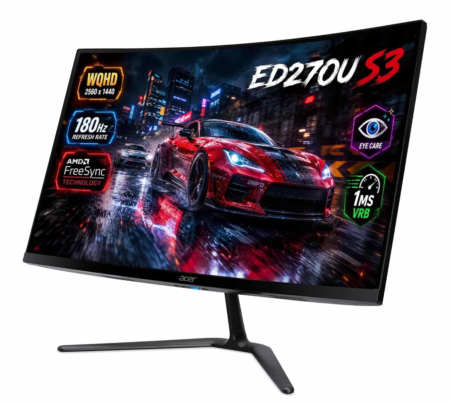 Acer ED270U S3 27 Inch WQHD 2560×1440 1500R Curved Gaming Backlit LED LCD Monitor I 1MS VRB, 180Hz Refresh Rate I AMD FreeSync I 2 x HDMI 1 x Display Port I Stereo speakers I Eye Care I HDR 10 I Black