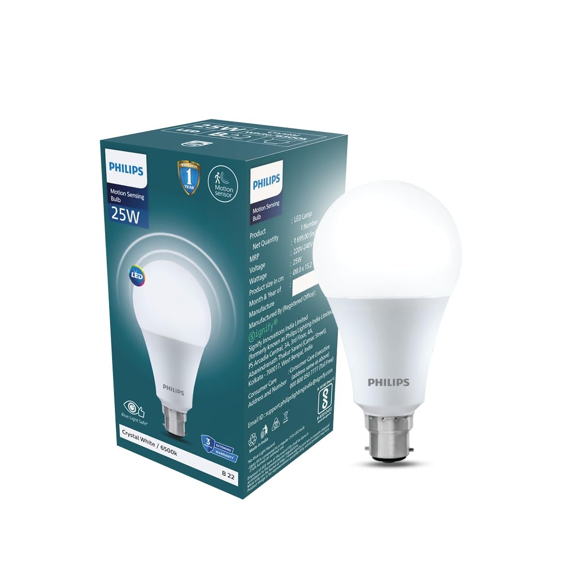 Philips 25W Motion Sensor LED Bulb | Cool White 6500K | B22 Base | Auto On/Off Sensor Light | Energy Efficient & Hands-Free Lighting | Pack of 1