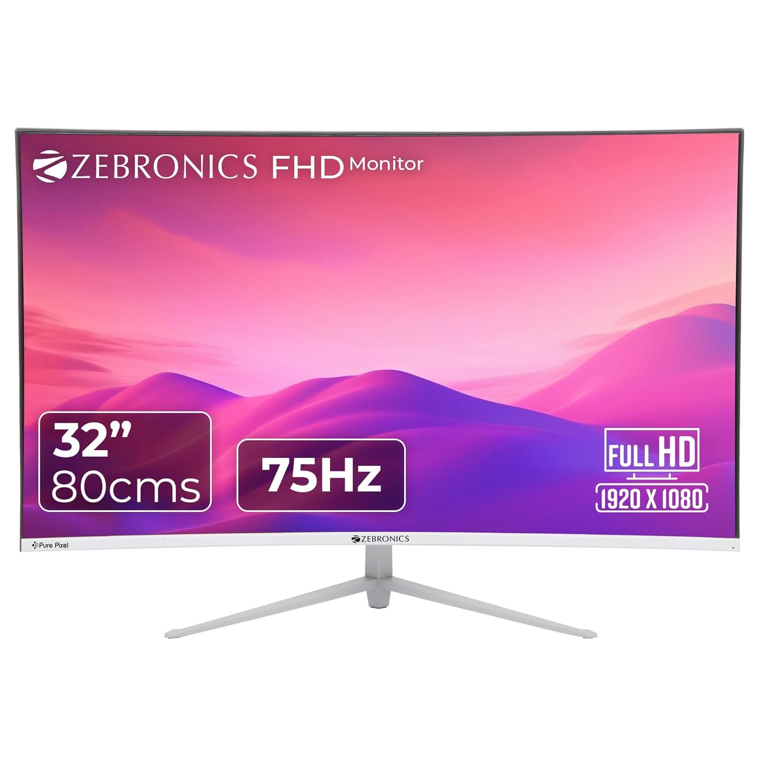 ZEBRONICS AC32FHD LED Curved 75Hz 80Cm (32″) (81.28 Cm) 1920×1080 Pixels FHD Resolution Monitor with HDMI + VGA Dual Input, Built-in Speaker, Max 250 Nits Brightness, White