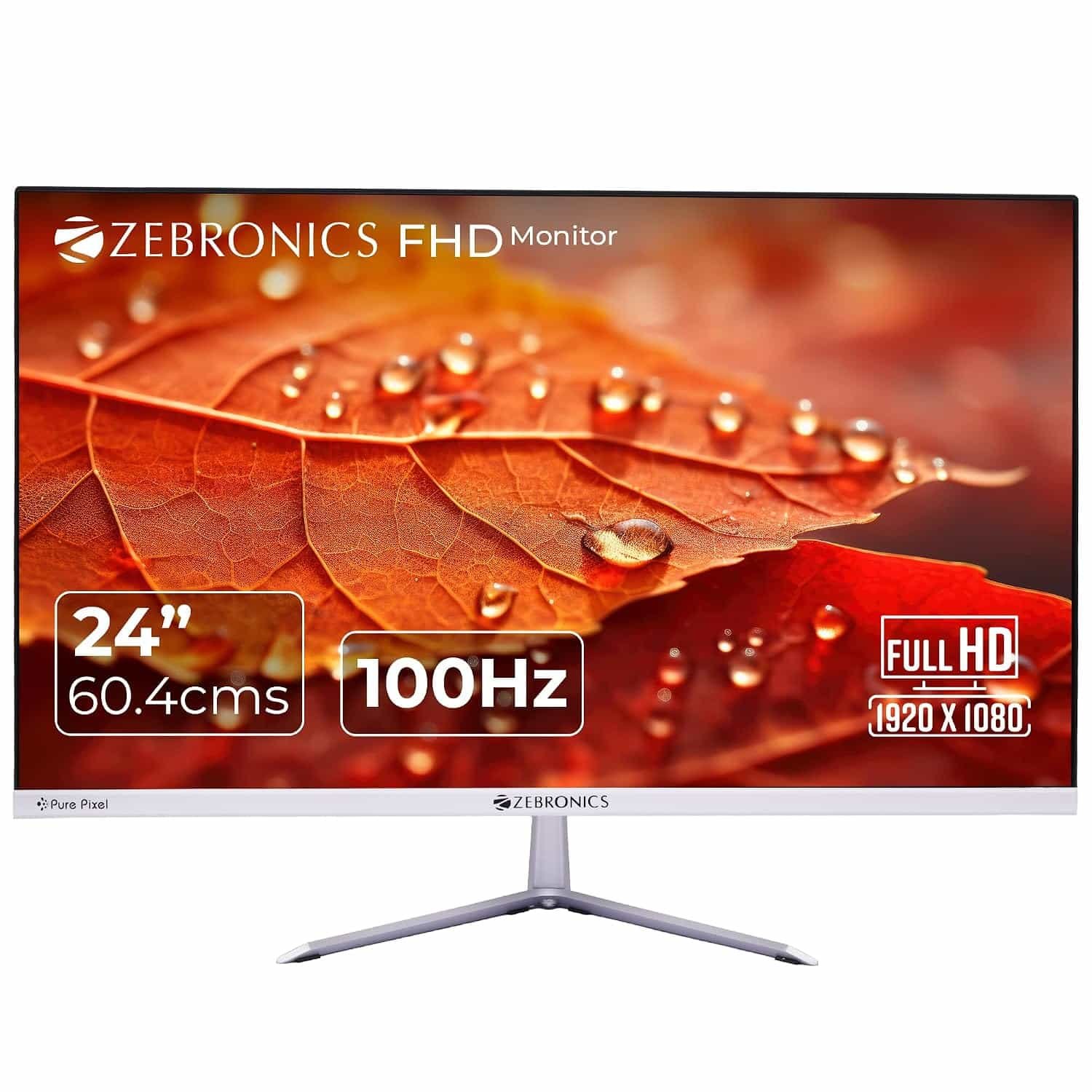 ZEBRONICS EA124 LED Monitor, 24 inch (60.4cm), 250 nits, 100Hz, FHD, 1920×1080, HDMI, VGA, Ultra Slim Bezel, Built-in Speakers, Metal Stand, Wall Mountable