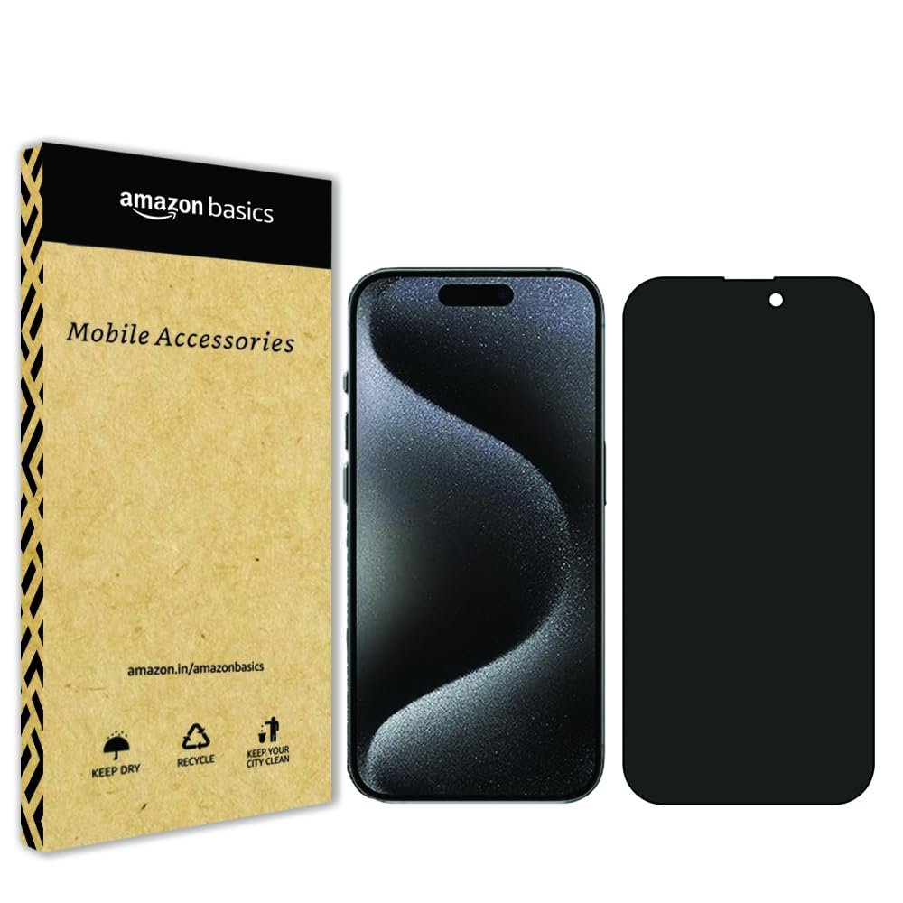 amazon Basics Privacy Tempered Glass for iPhone 15 / iPhone 16 (6.1 Inches) with Edge to Edge Coverage – Anti Spy Screen Protector, Case Friendly and Bubble Free Installation kit – 360° Privacy
