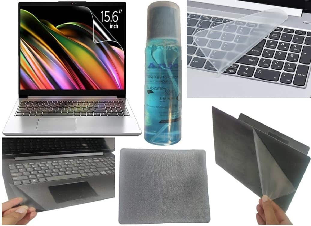 Anjo 6 in 1 Combo of 15.6 Inch & 16:9 Display Aspect Ratios Laptop Screen Protector, KeySkin, Body Lamination Trackpad & Lid (Transparent), Mouse Pad & Cleaner