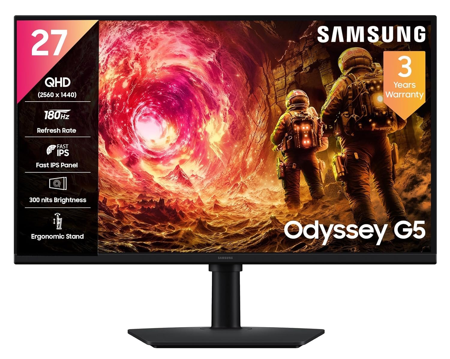 Samsung 27″ Odyssey G5 Fast IPS Gaming Monitor|QHD 2560 x 1440|180 Hz|1ms|300nits|HDR10|AMD FreeSync|G-Sync|Ports-DP,HDMI,Headphone|Height-Tilt-Swivel-Pivot Adjustable Stand|LS27FG502EWXXL|Black
