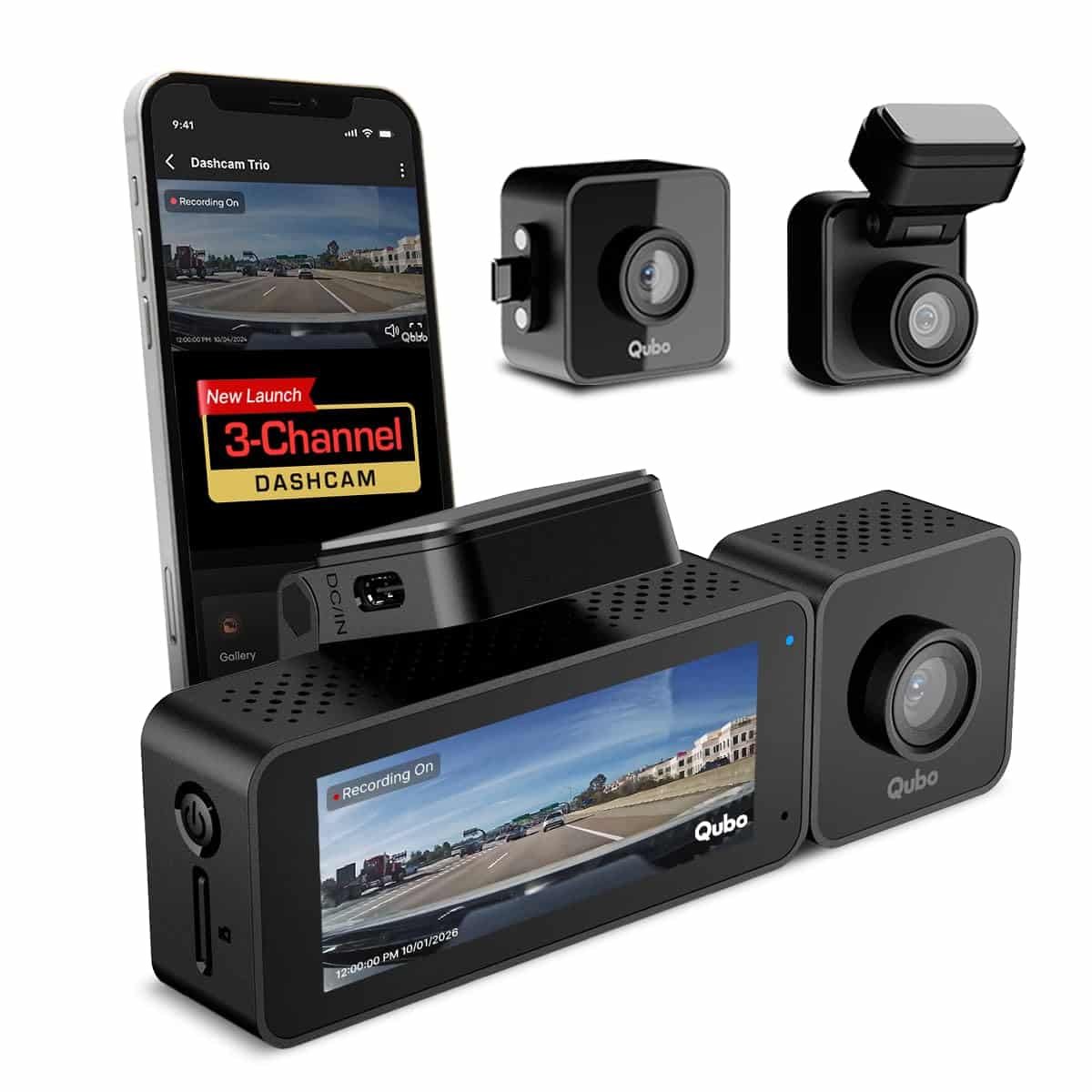 Qubo 3-Channel Dashcam Trio by Hero Group (Front+Rear+Cabin Camera) [New Launch] | 4MP | Built-in Wi-Fi & GPS | Wide FOV | IR Night Vision | App Control | Supports up to 1TB SD Card