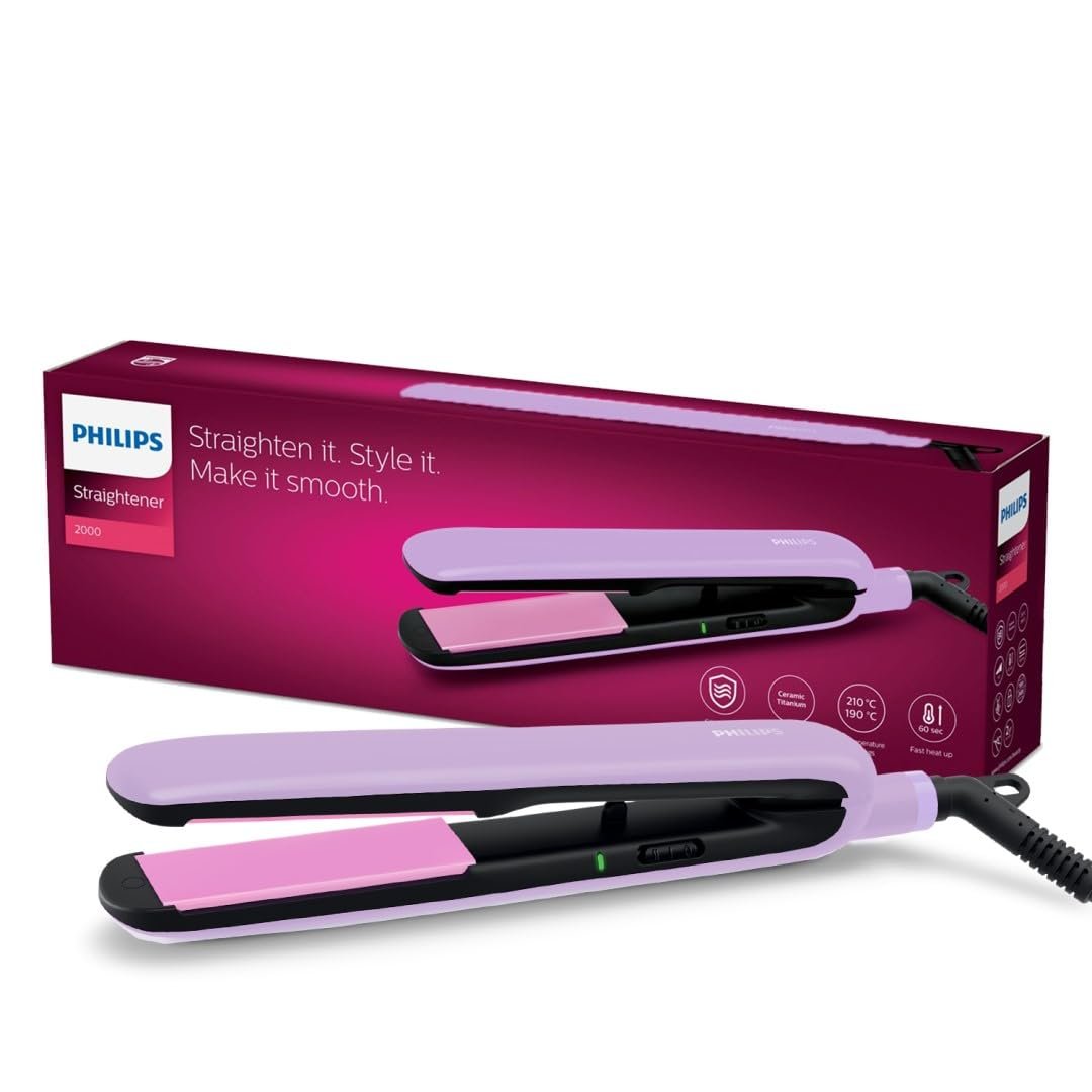 Philips India’s No.1 Hair Styling Brand Hair Straightener, Minimized Heat Damage,SilkProtect Care, Titanium Ceramic Plates,Smooth Shiny Straight Hair, 2 Temperature Settings,For Indian Hair,BHS393