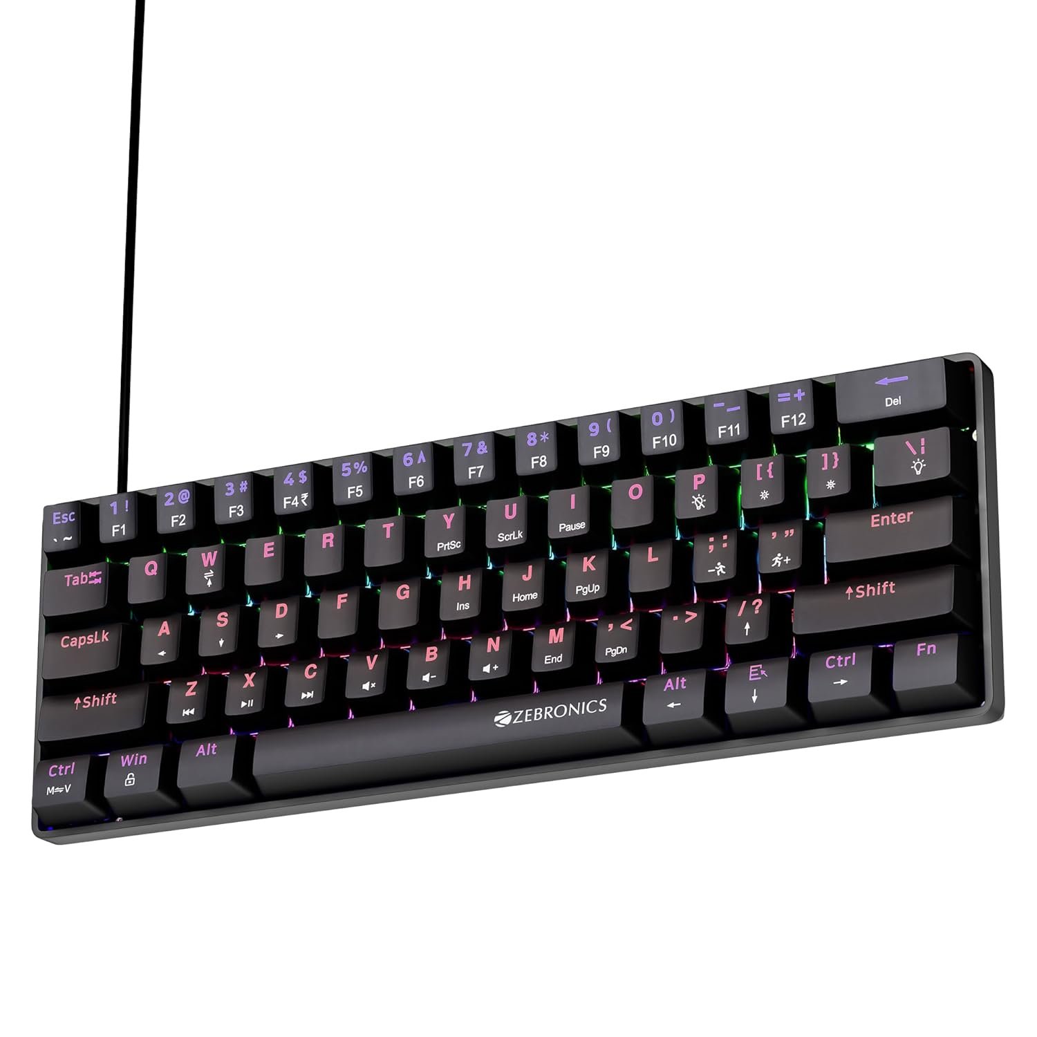 Zebronics Mechanical Keyboard, Silent Linear Red Switches, 61 Keys Layout, 26 Key Anti Ghosting, Double Shot Keycaps, 17 LED Modes, Media Controls, 1.5m Cable (Max Ninja 61, Black)