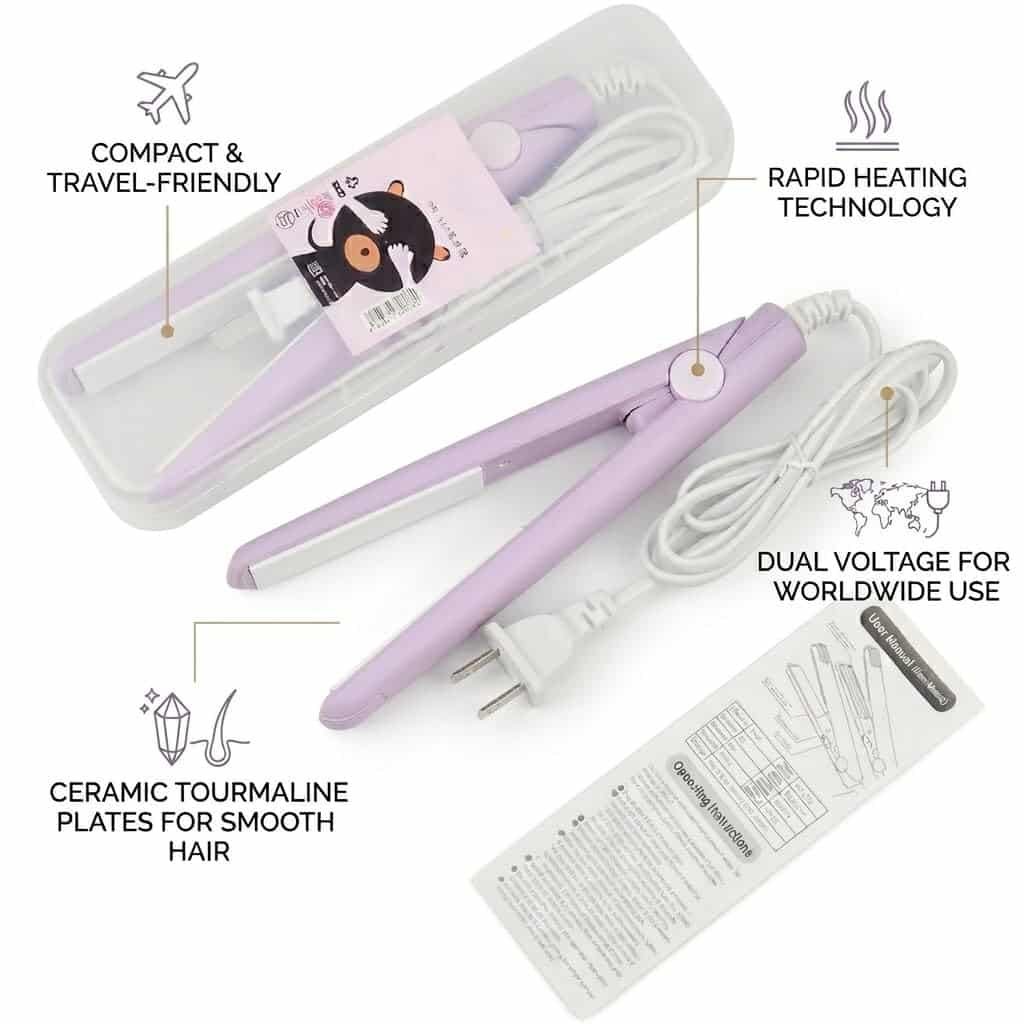 QUEBERS Mini Hair Straightener for Women – Portable Ceramic Flat Iron with Travel Case, Quick Heating, Ideal for Short Hair & Bangs, Ready in 30 seconds, perfect for travelling (Multicolor)
