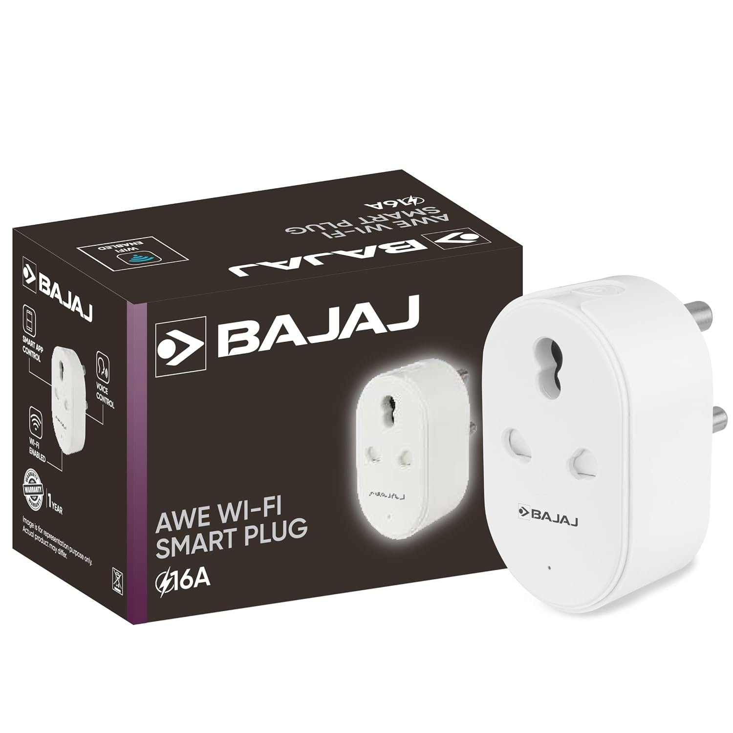 Bajaj AWE Wi-Fi Smart Plug 16A | 2 Star Rated | Energy Efficient | Over Charge Protection | Energy Consumption Monitoring & User Friendly | 6 Months Warranty (Pack Of 1, White)