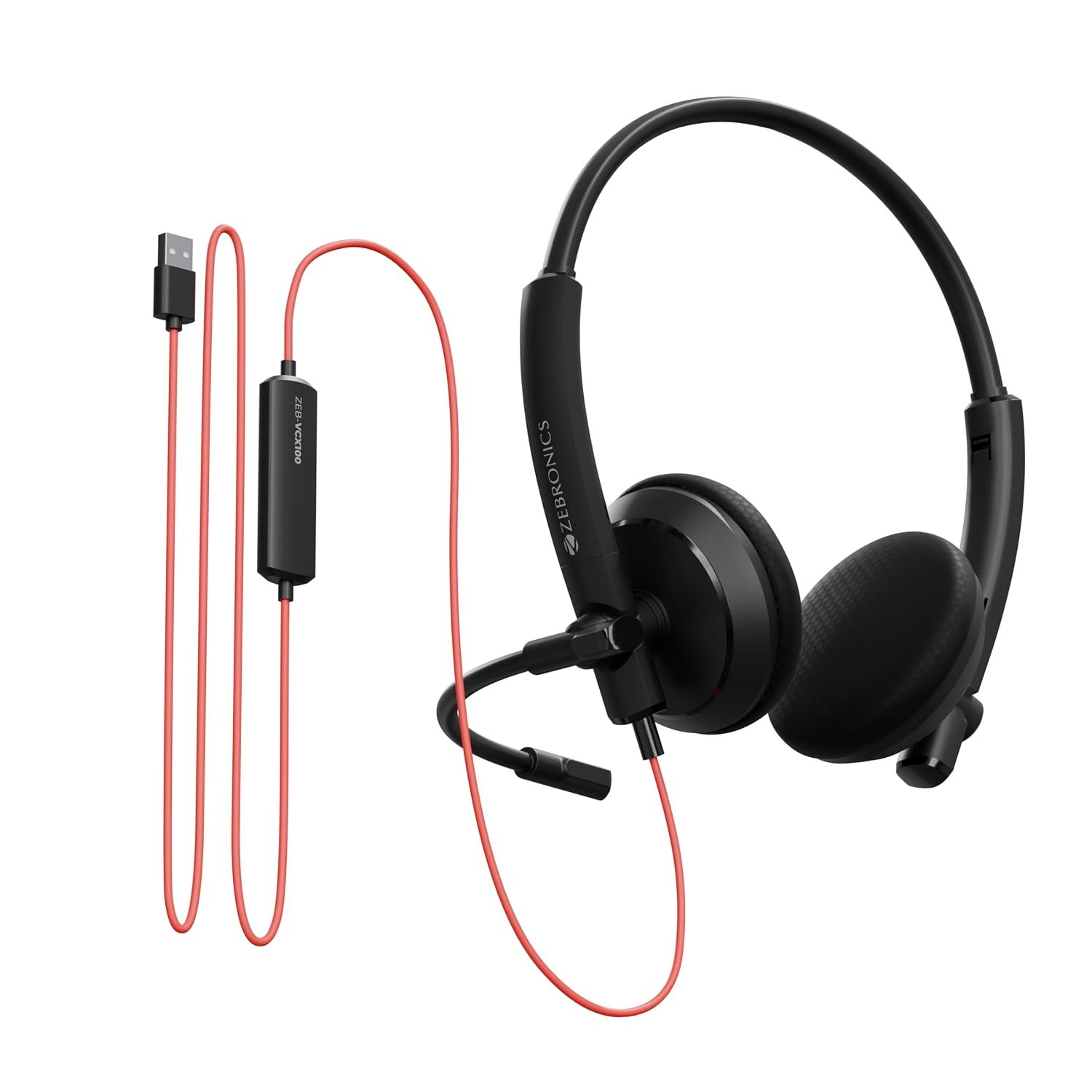 Zebronics USB Wired Headphones, 27mm Drivers, Adjustable Mic, 1.8m Cable, Adjustable Headband, Volume Control, Compatible with Laptop/PC (VCX 100)