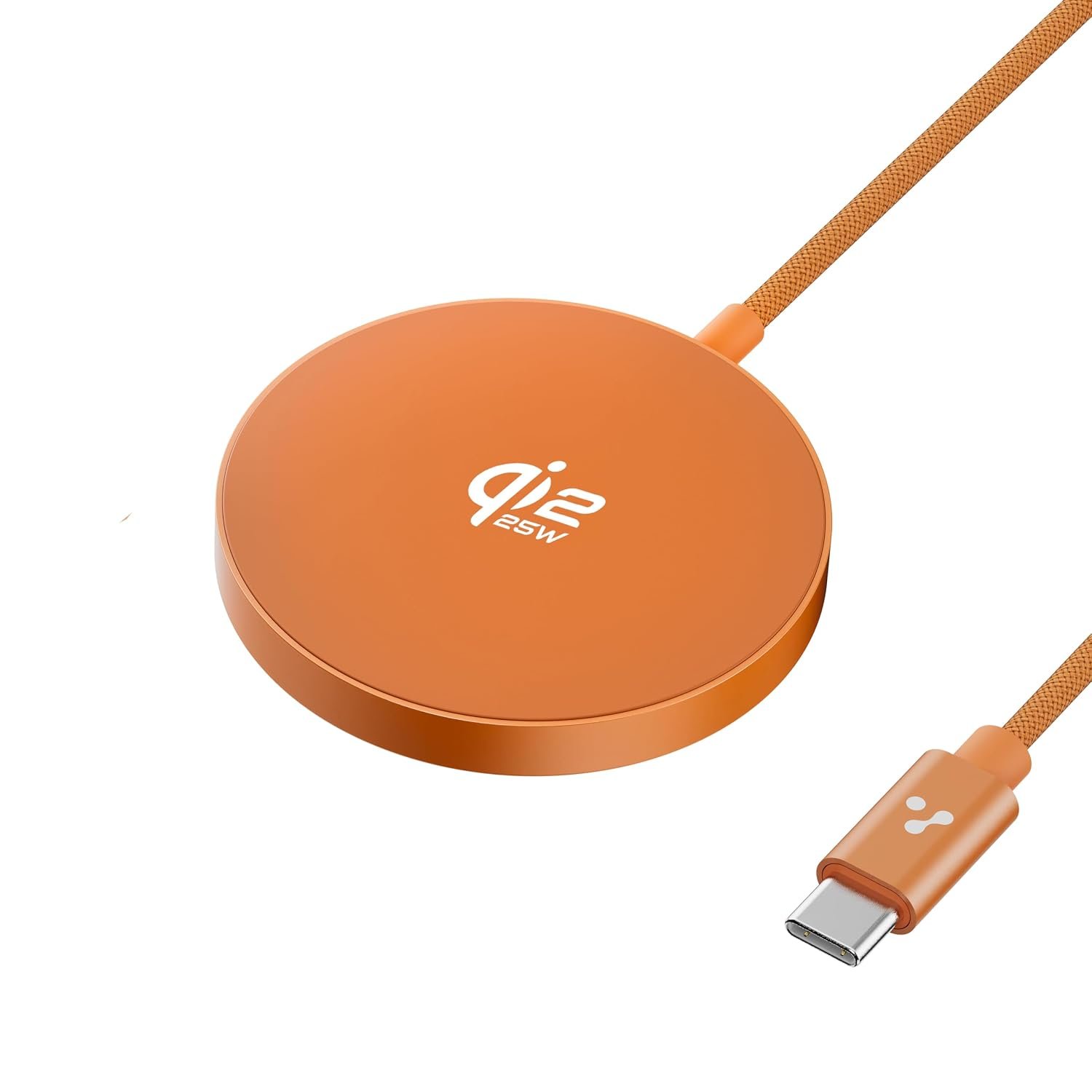 Ambrane 25W Qi2.2 Magsafe Wireless Charger, Fastest Wireless Charging – Charge 50% in 30 mins, New Qi2.2 Certified Technology, iPhone 12 to 17 All Models & Android Wireless devices (AerosynQ 2,Orange)
