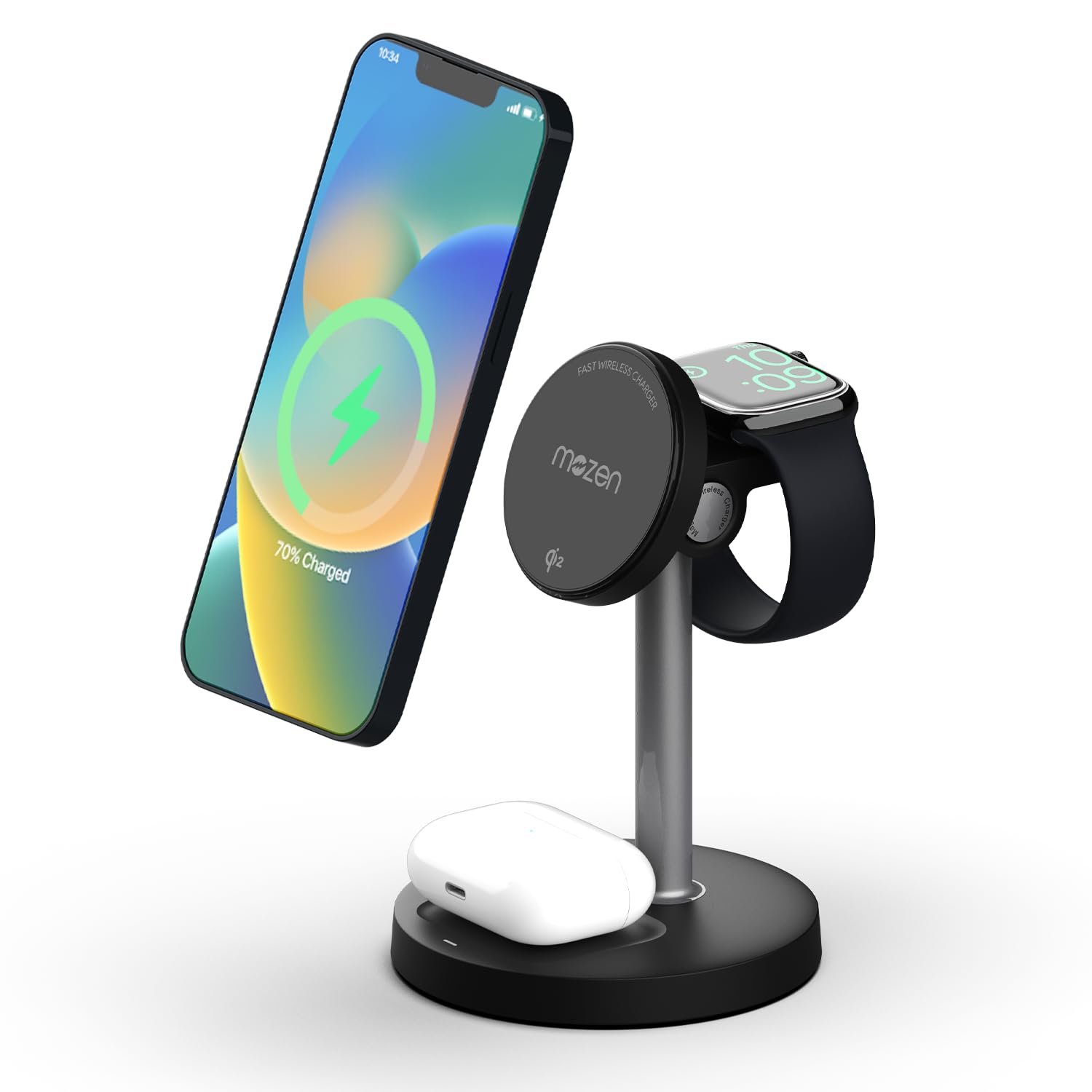 Mozen by Amkette Air 800, 23W Qi2 Certified 3 in 1 Magsafe Charger/Wireless Charger for iPhone 8 & above, wireless charging smartphones, Apple Watch, AirPods/Galaxy Buds, 45° Tilt, Type-C Cable, Black