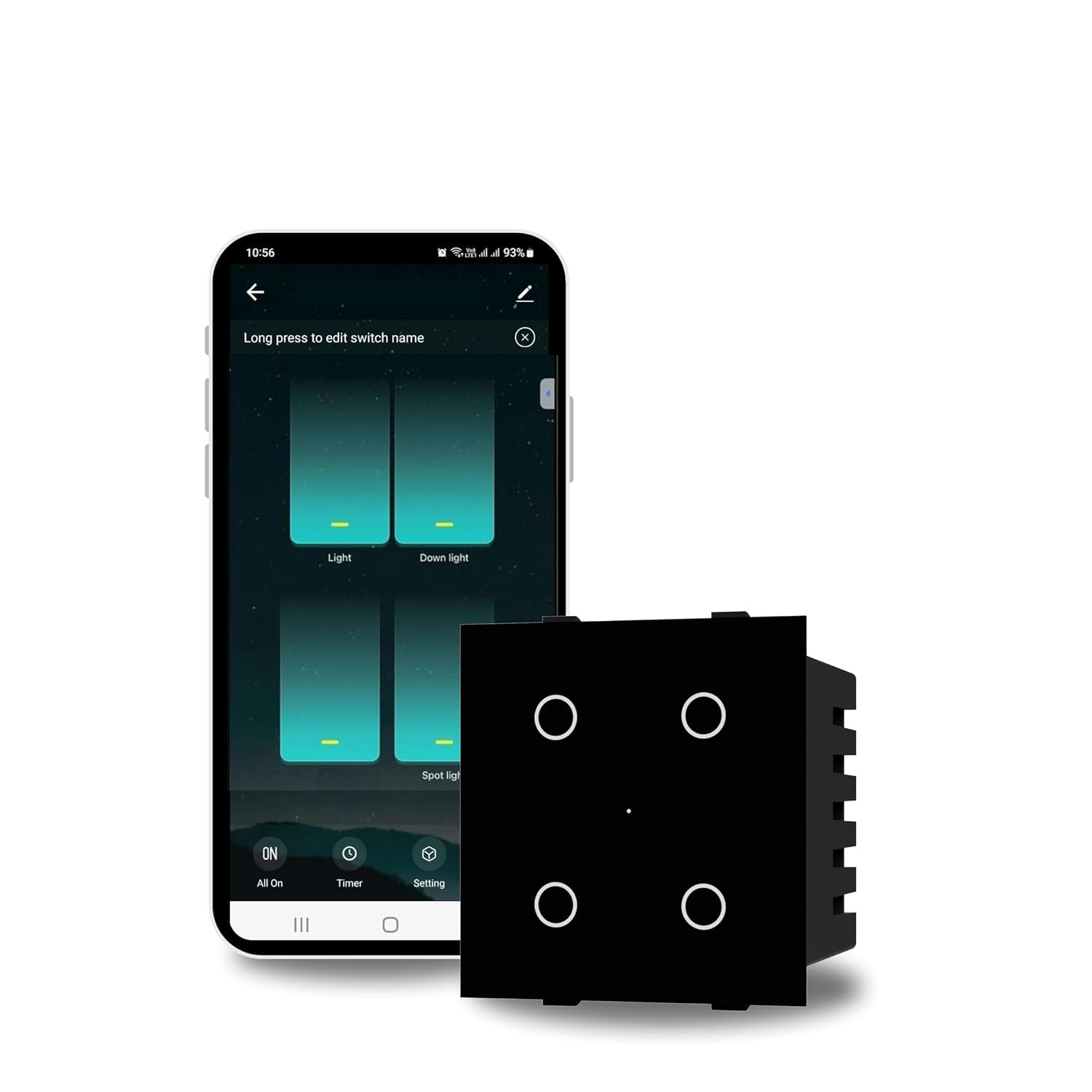 AZIOT Smart Wi-Fi Modular 4 Gang Premium Touch Switch (6 Amps Each) – GLASS (Not Acrylic): Elevate Your Home with Effortless Control (Fits in Anchor Roma Classic and Similar Plates) Home Automation