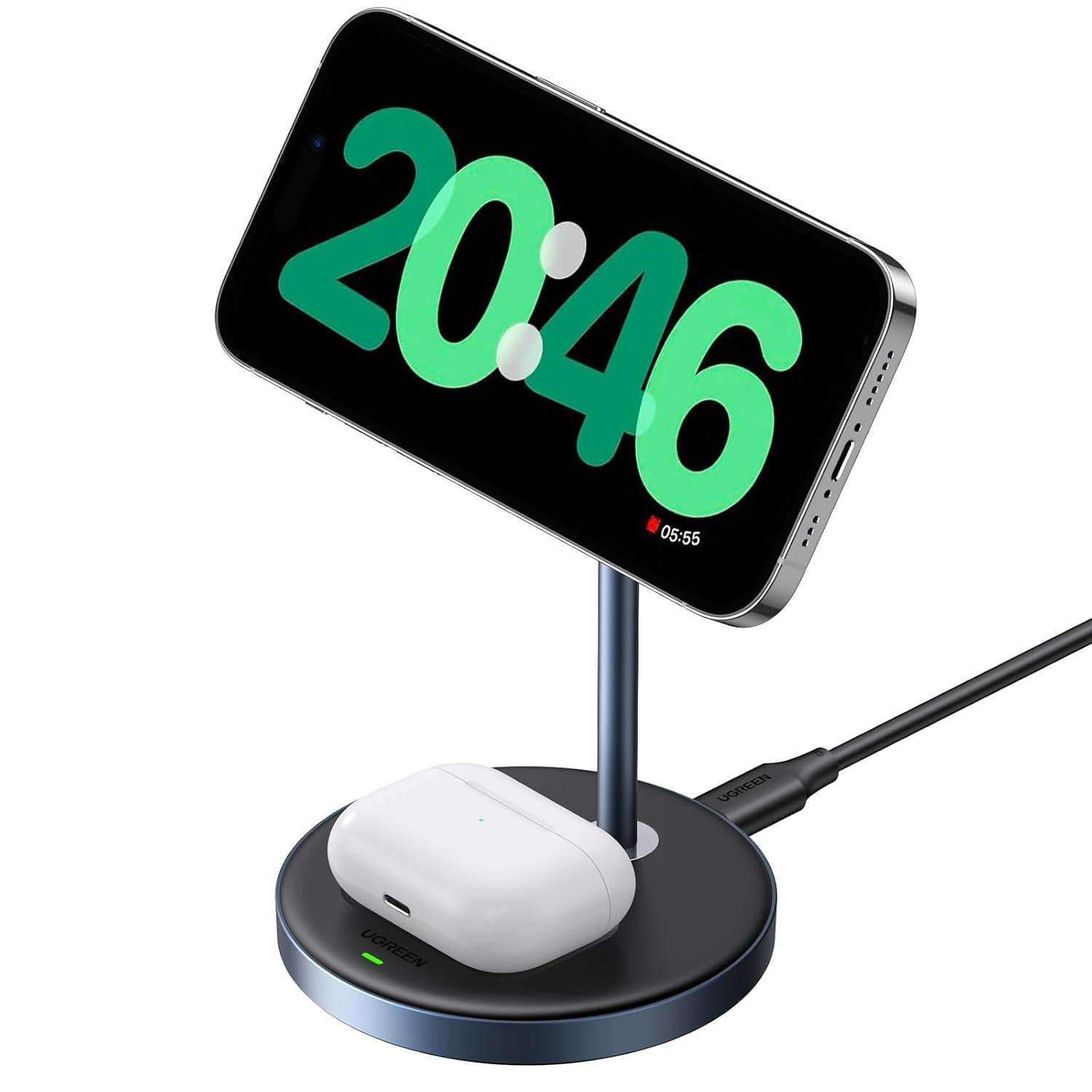 UGREEN Magsafe Charger, Magnetic Wireless Charger, 2-in-1 Qi Charging Stand | for iPhone 17 16 15 14 13 12 Series and AirPods, MagSafe Compatible Qi Charging Stand with 3 FT USB-C Cable (No AC Adapter)