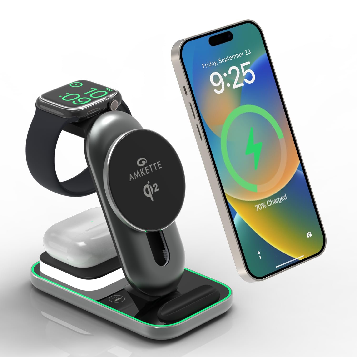 Amkette PowerPro Air 920, 3-in-1 Qi2 Certified 23W Magsafe Wireless Charger for iPhone | Compatible with iPhone 16,15,14,13,12 Series | AirPods 4th,3rd,2nd Gen/Pro | Apple Watch 10/9/8/7/6/5/SE/Ultra