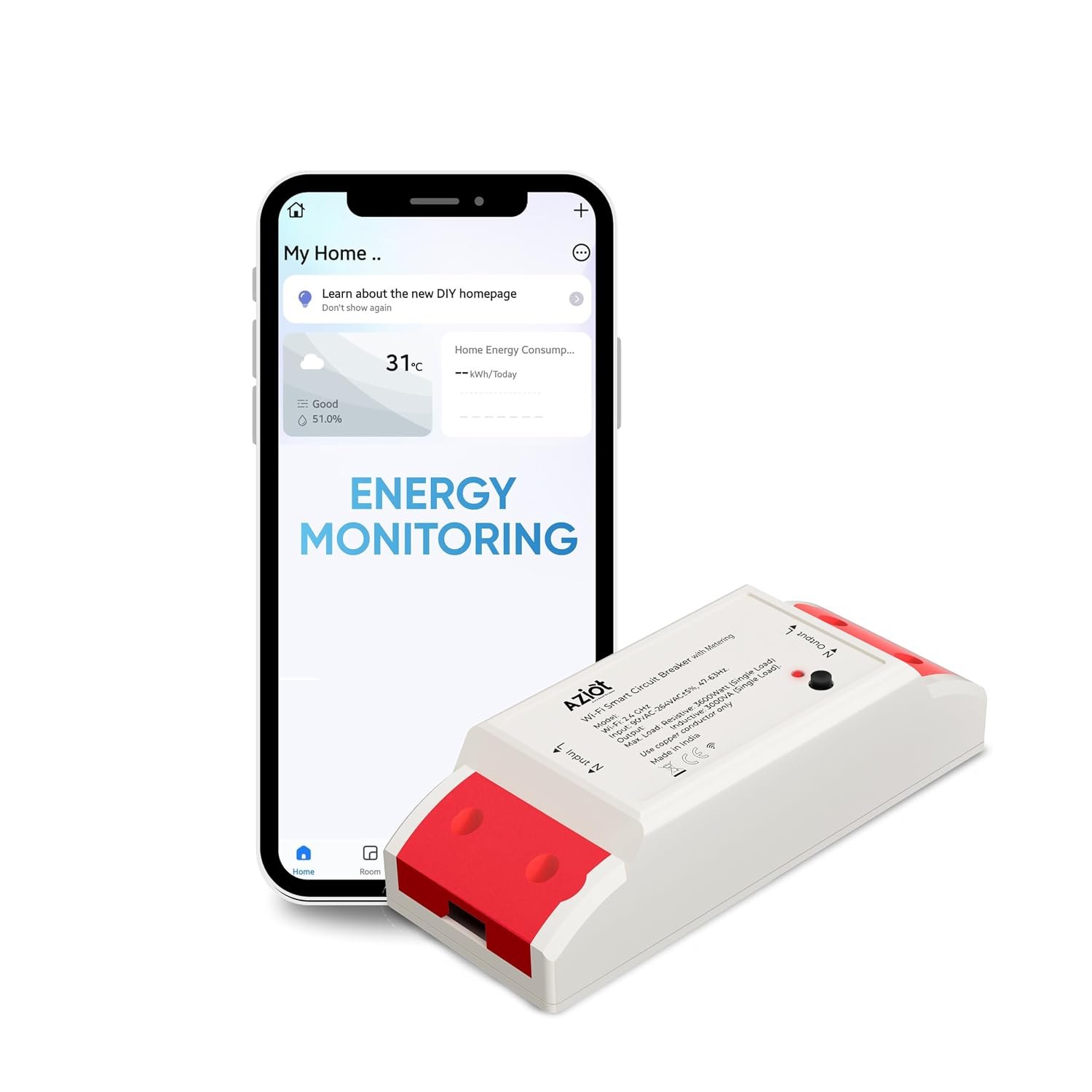 Aziot WiFi + BLE Smart Circuit Breaker – 16Amp, Energy Metering, Compatible with Alexa & Google Assistant, Easy Install, Made in India