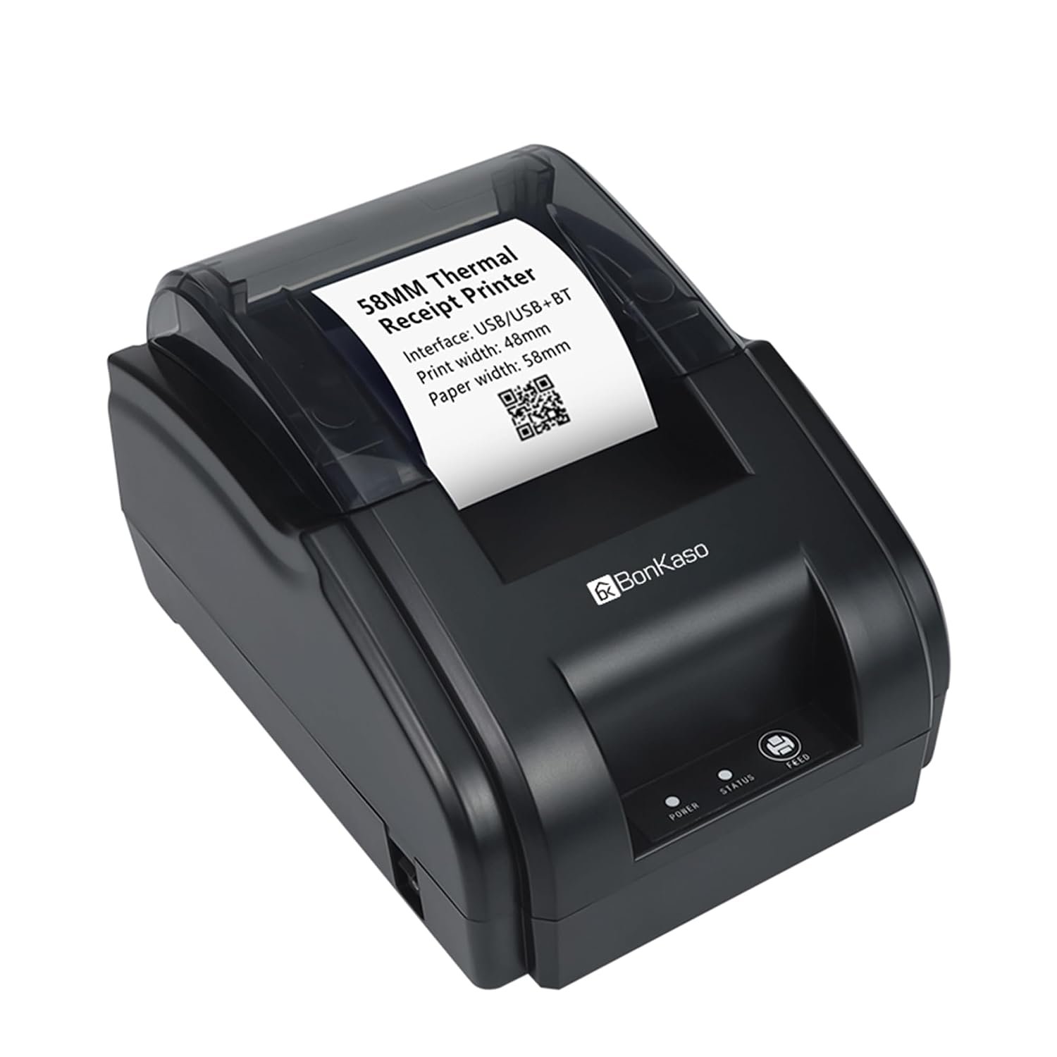 BonKaso BKT05 58mm Thermal Receipt Printer Direct Thermal POS Bill Printer ESC/POS 90mm/s USB Bluetooth Support Logo Graphics 1D 2D Barcode for Retail Restaurant Pharmacy Bank Black