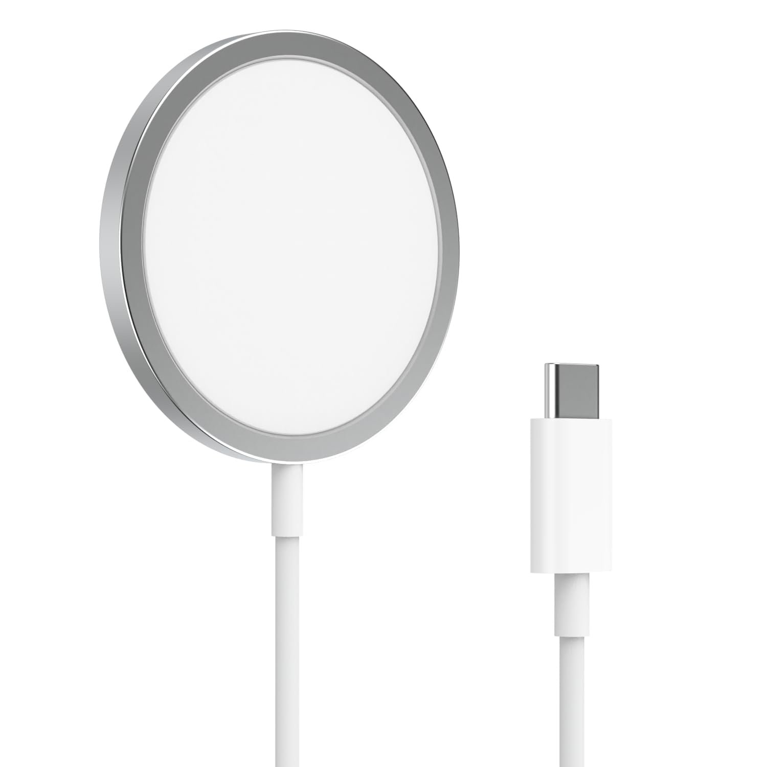 Magnetic Wireless Charger Compatible with MagSafe, USB-C Cable, Round Pad, White and Silver