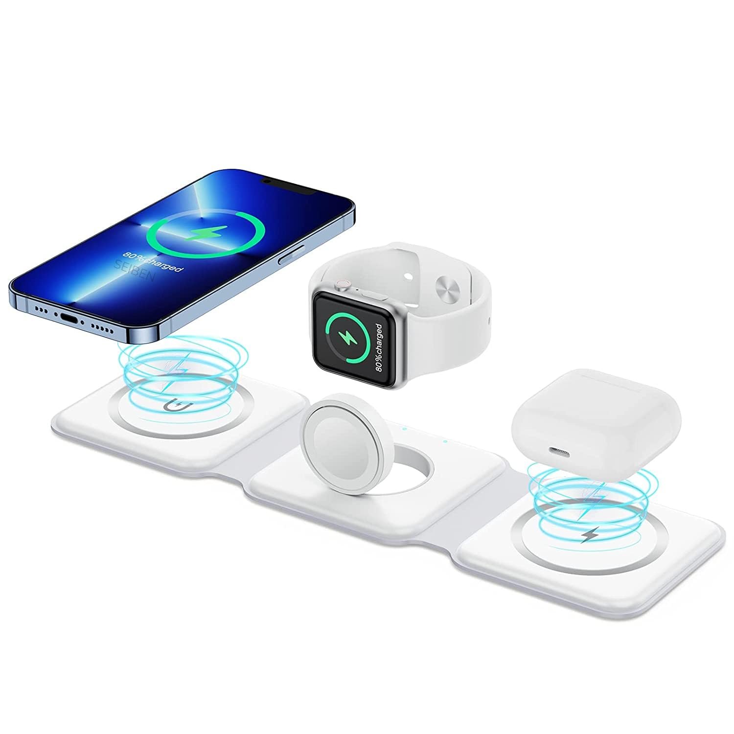3 in 1 MagSafe compatible Magnetic Foldable Wireless Charger for iPhone 17 to 12 Series | Compatible with AirPods 2/3, Pro2, Pro3 | Compatible with only Apple Watch Series | 23W Charging – Pearl White