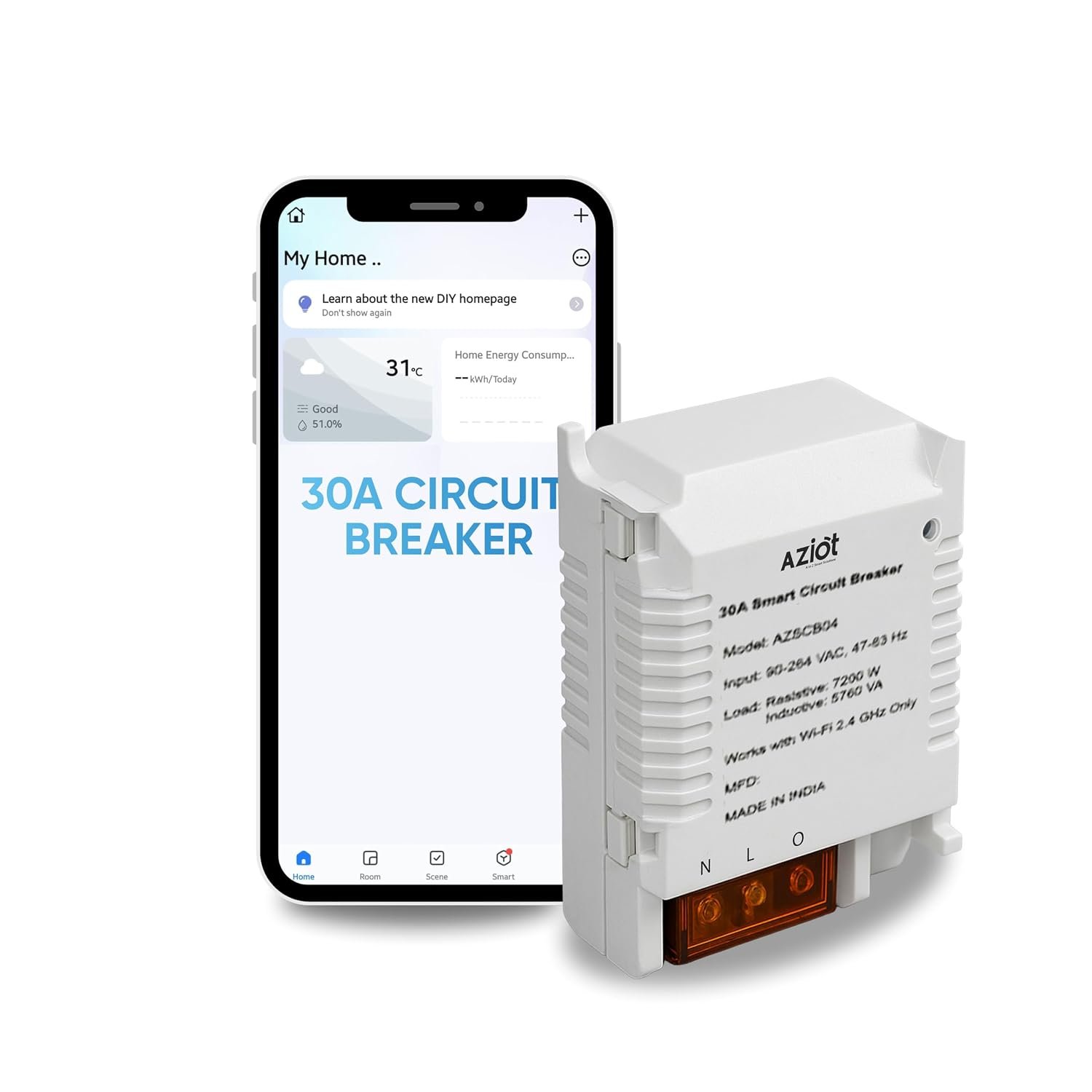 Aziot 30Amp WiFi & Bluetooth Smart Circuit Breaker, Compatible with Alexa & Google Assistant, Timer Function, Made in India