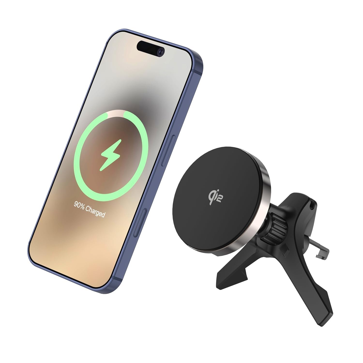 Ambrane Qi2 Magsafe Car Charger, 2-in-1 Purpose: Car Charger & Mobile Stand, Perfect for Daily Commute or Long Travels, 15W Fast Wireless Charging, Attaches onto Air Vents (AerosynQ 3, Black)
