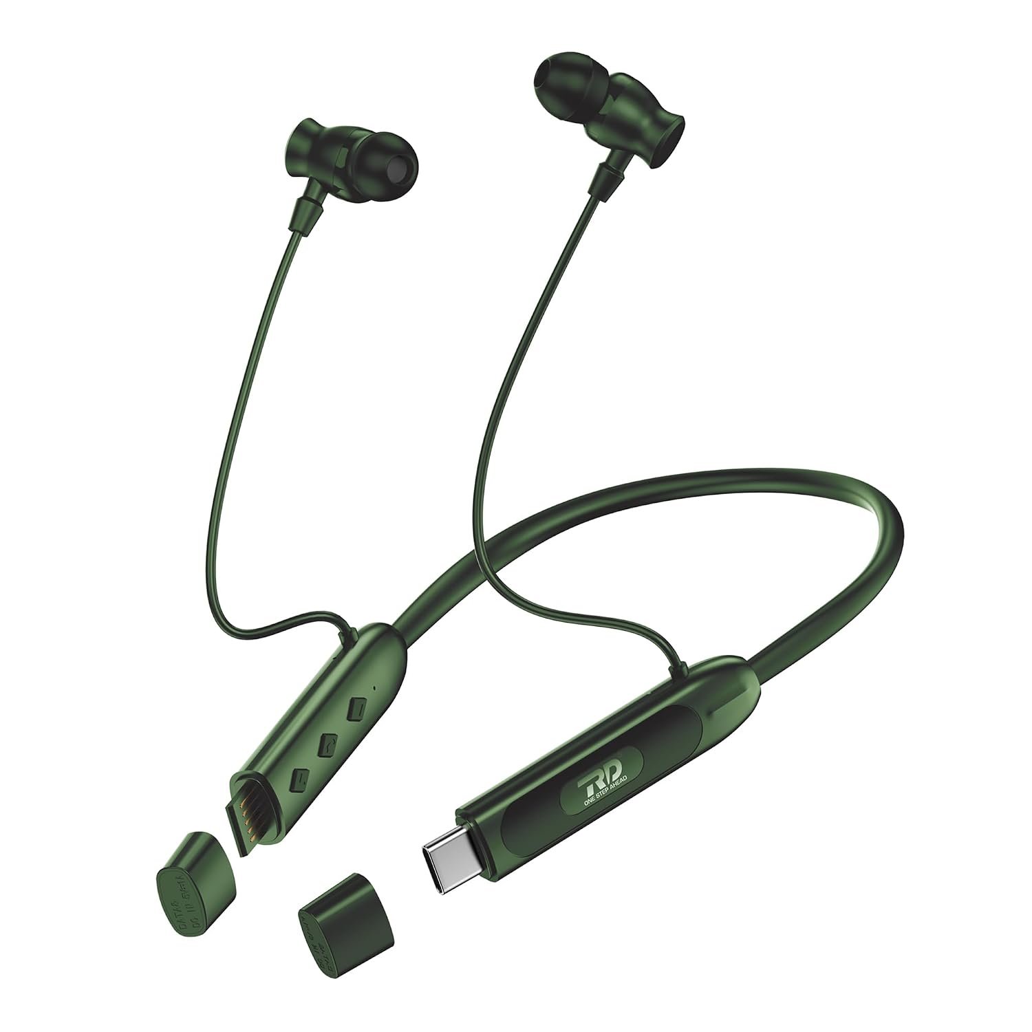 RD M-195 VOLTAR Wireless Neckband Bluetooth in Ear Earphones with 90 Hours Playtime, 13mm Drivers, IPX4, Charge Through Adapter Support & Type-C, Environmental Noise Cancellation Green