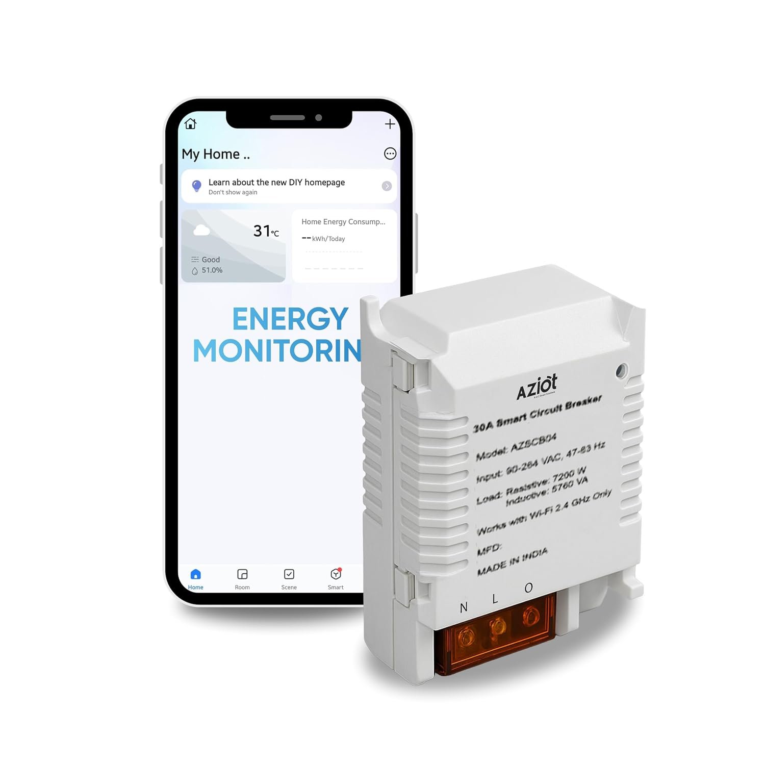 Aziot 30Amp with Energy Monitoring WiFi plus Bluetooth Smart Circuit Breaker, Mobile App Control, Alexa & Google Assistant Compatible, Easy Installation, Made in India